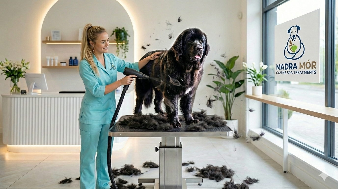 A groomer treating a large dog at Madra Mór
